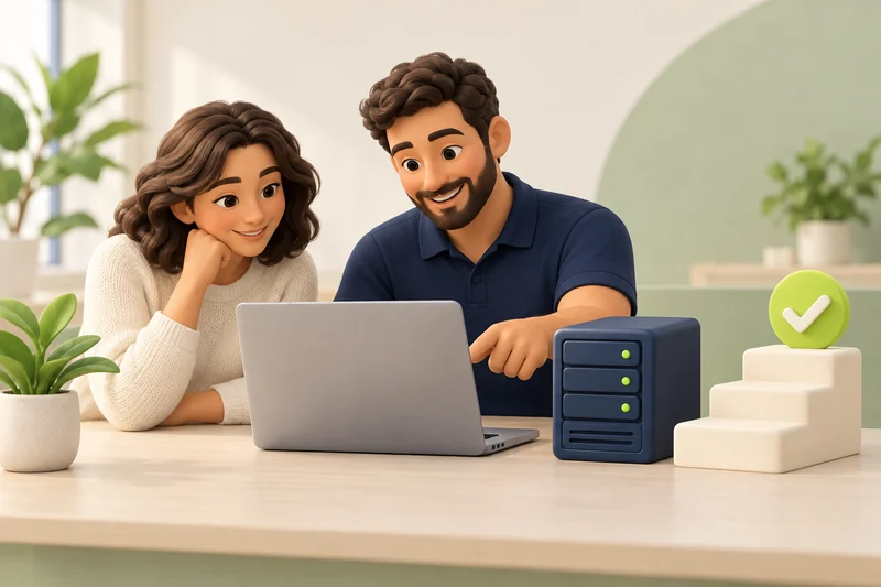 A specialist guiding a client through server setup.