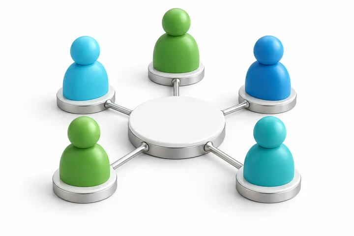 Five member figures linked to a shared cooperative platform.