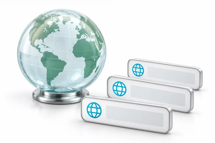 A glass globe beside three blank domain address tiles.