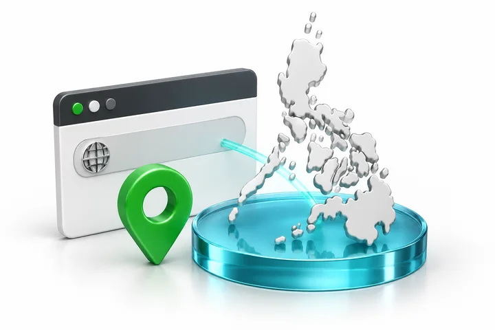 A Philippine island map beside a website panel and location pin.