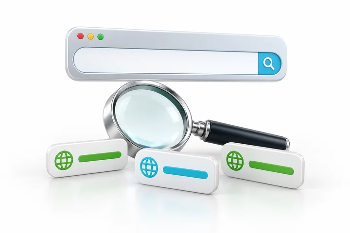 A blank domain search bar, magnifying glass and candidate-name tiles.