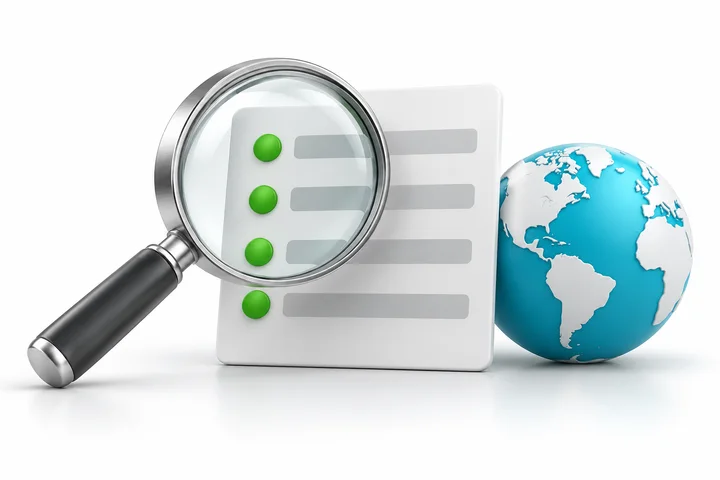 A magnifying glass inspecting a public domain record beside a globe.