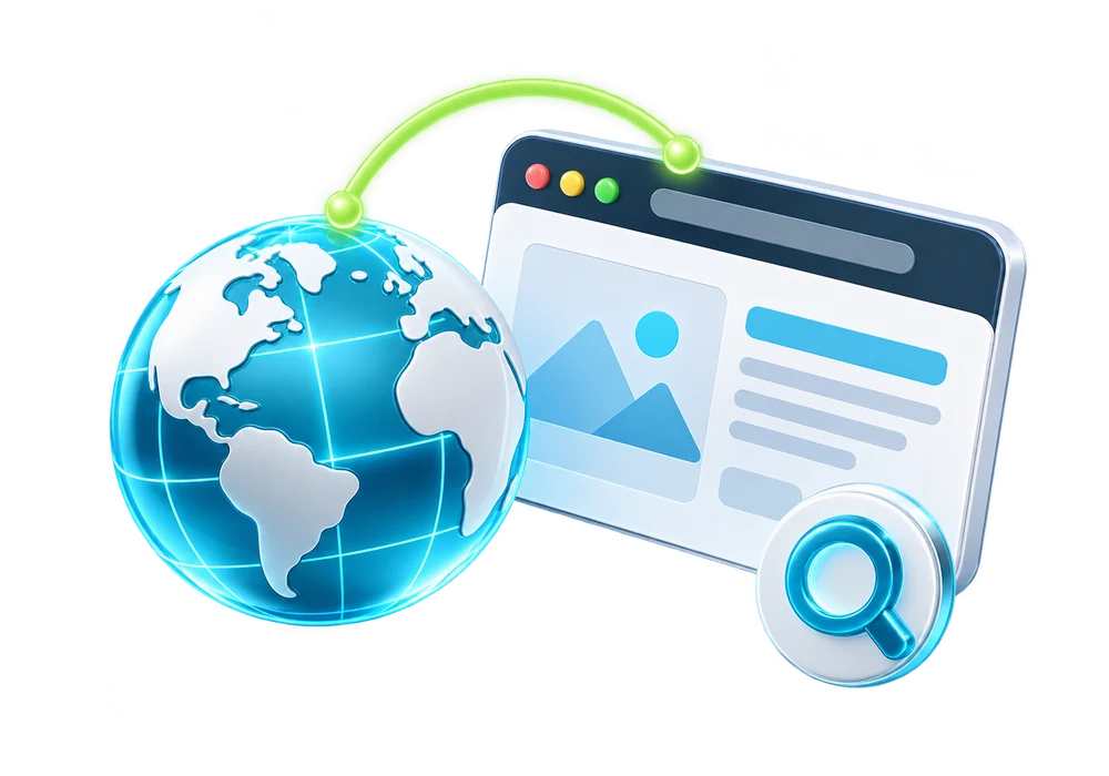 A globe, website panel and search symbol representing a domain name for a website.
