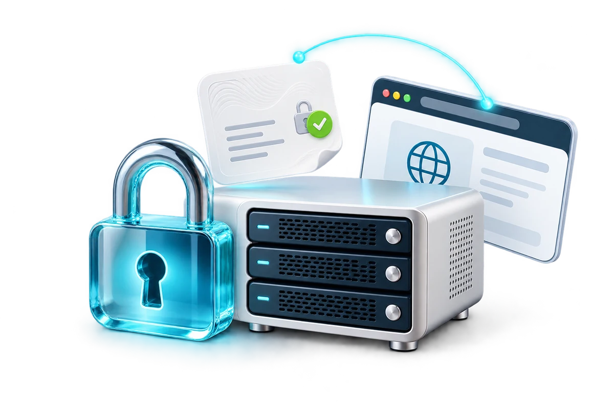 A server, certificate and browser connection with a translucent padlock representing SSL and TLS.