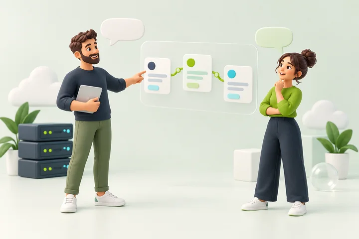 Illustration of collaborators explaining a project with visual cards.