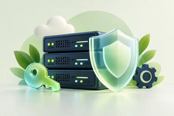 Illustration of a protective shield beside server equipment.