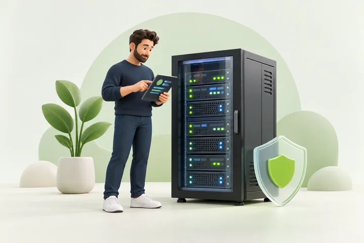 Illustration of a technician reviewing a server environment.