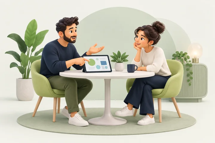 Illustration of two people discussing project needs.