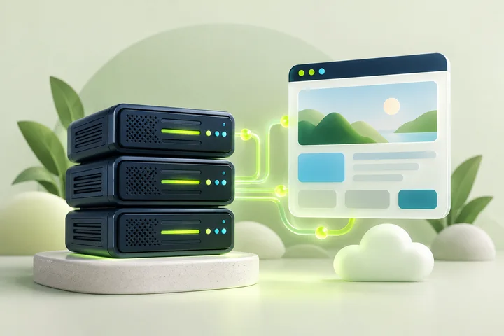 Illustration of a website browser connected to hosting servers.