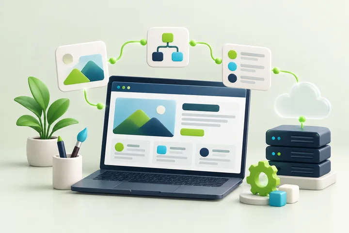 Illustration of a laptop with a connected website and workflow.