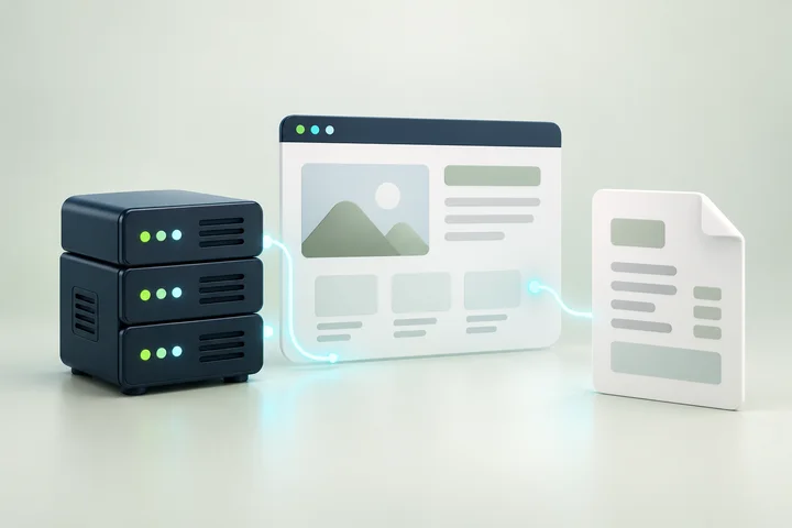 Illustration of a hosting server beside a website panel and an invoice document.