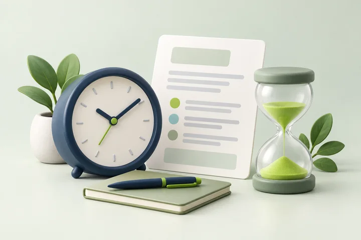Illustration of a clock, hourglass and review document.