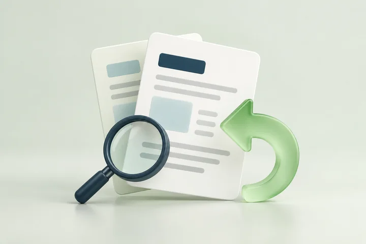 Illustration of documents, a return arrow and a magnifying glass for a refund review.