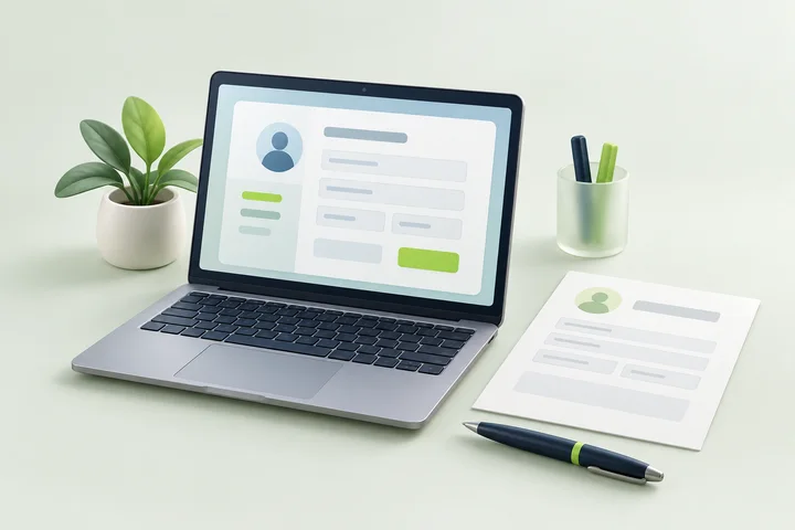 Illustration of a laptop application form, a document and a pen.