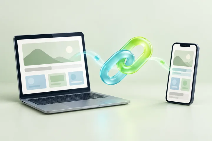 Illustration of a web link connecting a laptop and a mobile device.