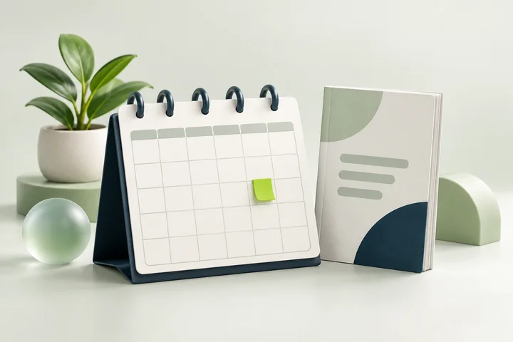 Illustration of an unnumbered calendar and a guidelines booklet.