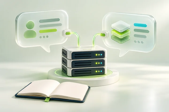 3D illustration of customer conversations connected to hosting services.