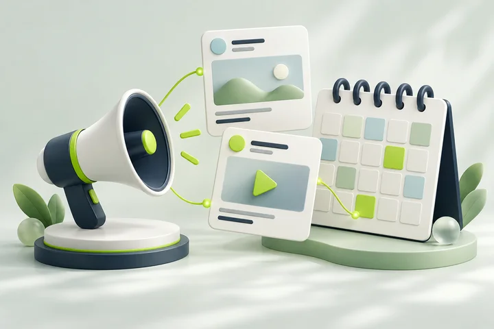 3D illustration of a megaphone, content cards and a calendar.