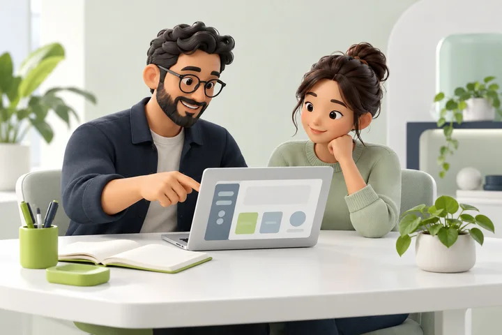 Illustration of an adult mentor and student reviewing a laptop together.