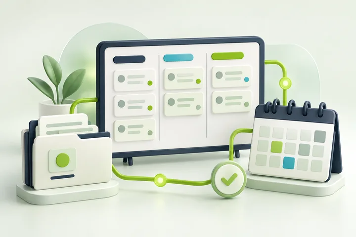 3D illustration of a task board, calendar and documents.