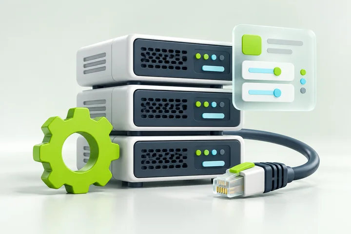 3D illustration of servers, a configuration panel and a gear.