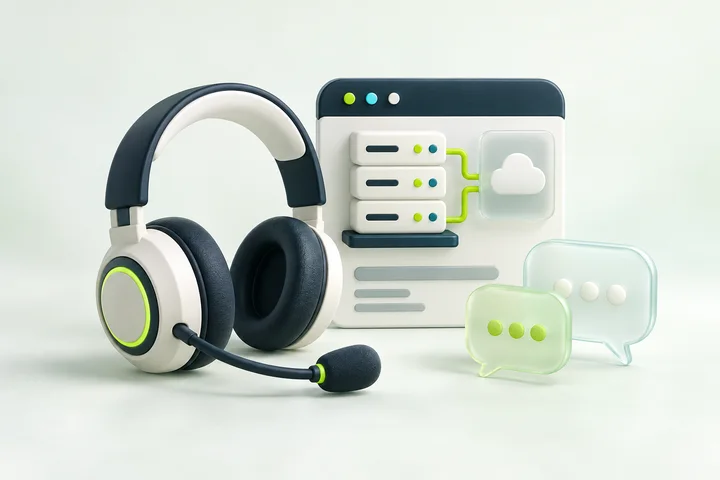 3D illustration of a support headset and hosting conversation panels.