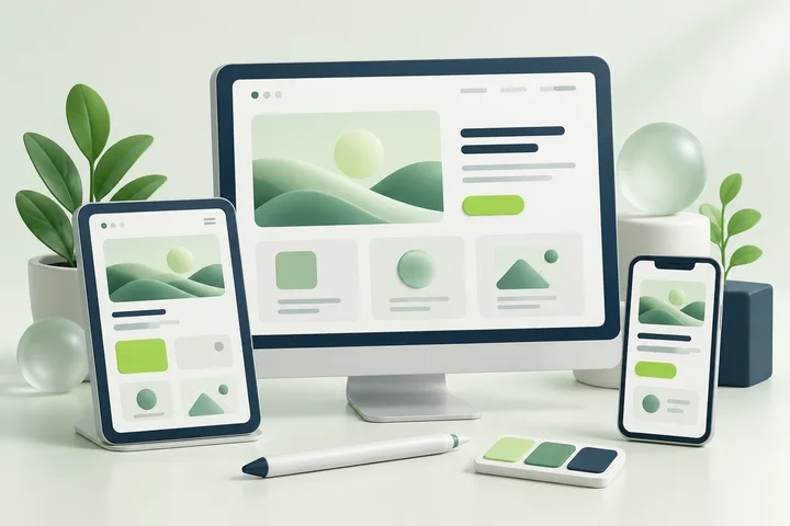 3D illustration of responsive interface layouts and design tools.
