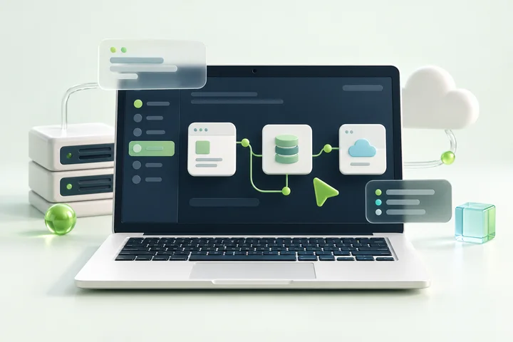 3D illustration of a laptop connecting application components.