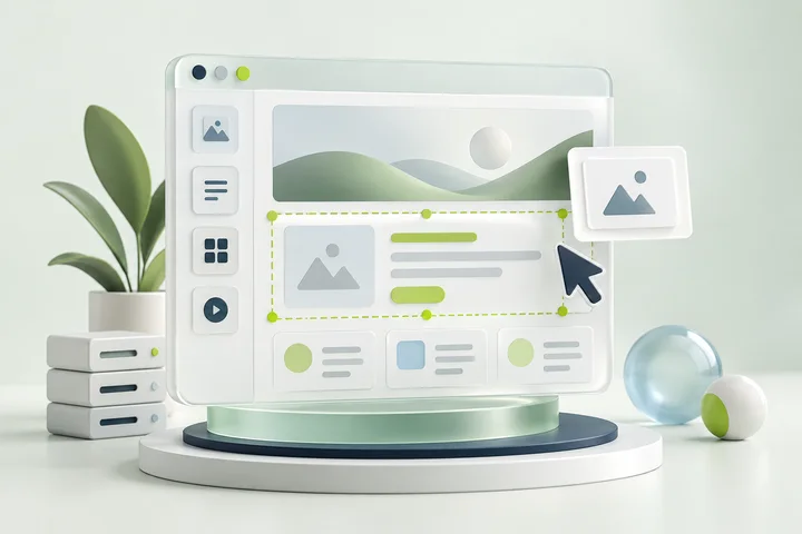 3D illustration of a website editor with reusable content blocks.