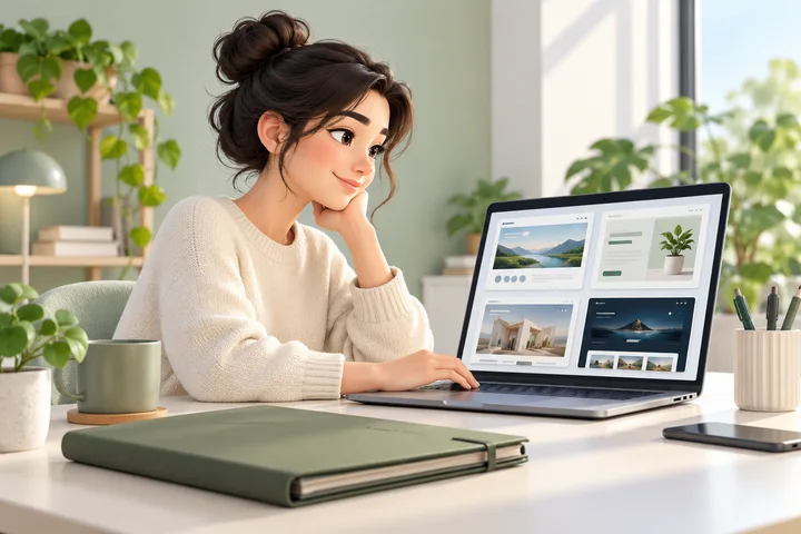 Illustration of an adult web professional reviewing portfolio work on a laptop.