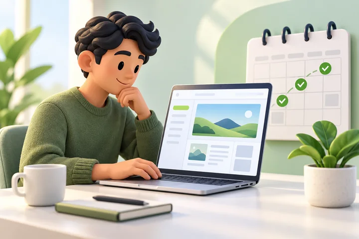 Illustration of an adult builder maintaining a website with a calendar and progress markers.