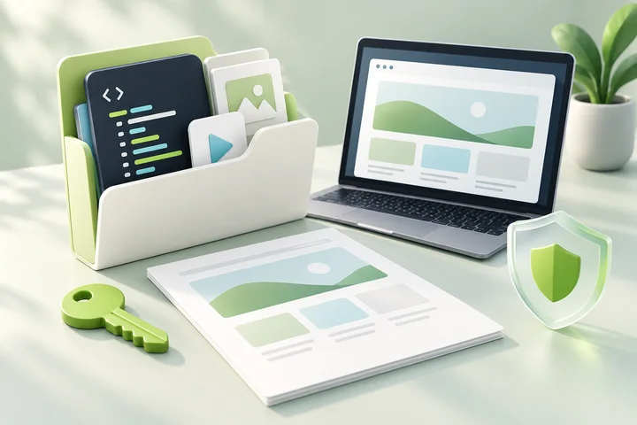 Illustration of an original project folder, website design, laptop and key representing ownership of the work.