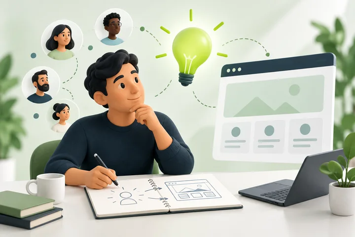 Illustration of an adult builder shaping a focused website idea with a lightbulb and blank wireframe.
