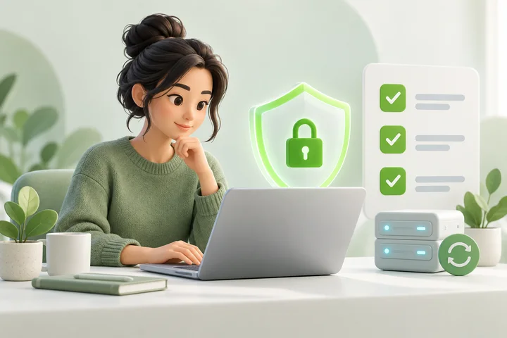 Illustration of a builder reviewing website security and backups with a shield and checklist.