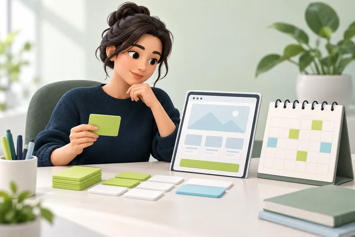 Illustration of a builder planning a realistic website release with a wireframe, calendar and planning blocks.