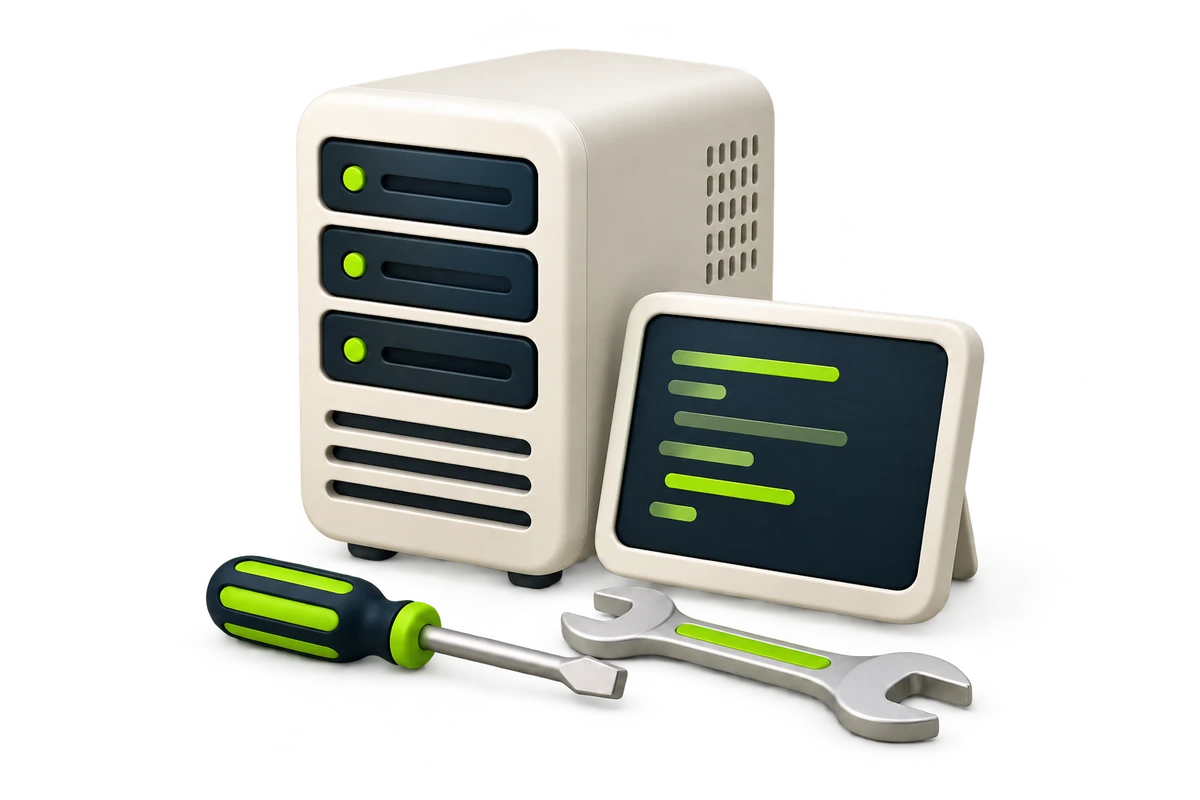 Illustration of a server, terminal screen and tools for Linux administration.