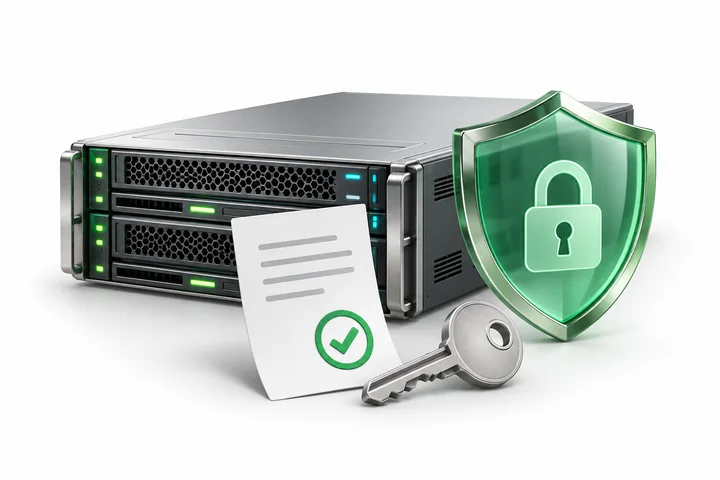 A protected server, approval document and key representing secure onboarding.
