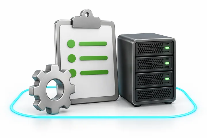 A project clipboard, gear and server representing a defined work plan.