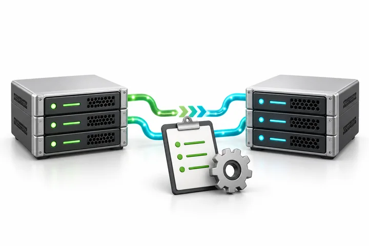 Two server units linked by a green path beside a project clipboard.