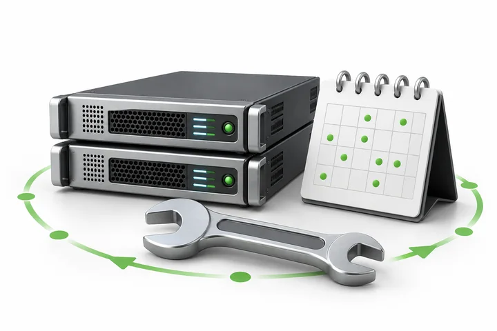 Server equipment with maintenance tools and a calendar representing ongoing care.