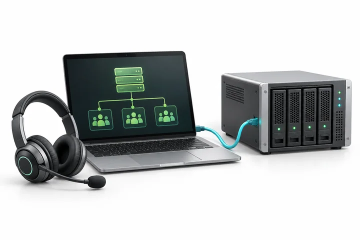 A laptop, technical headset and connected server representing specialist support.