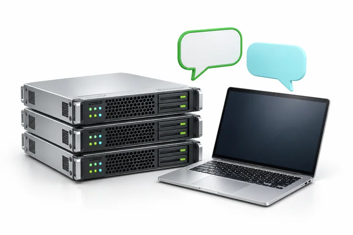 A laptop and server with conversation bubbles representing sharing an environment.