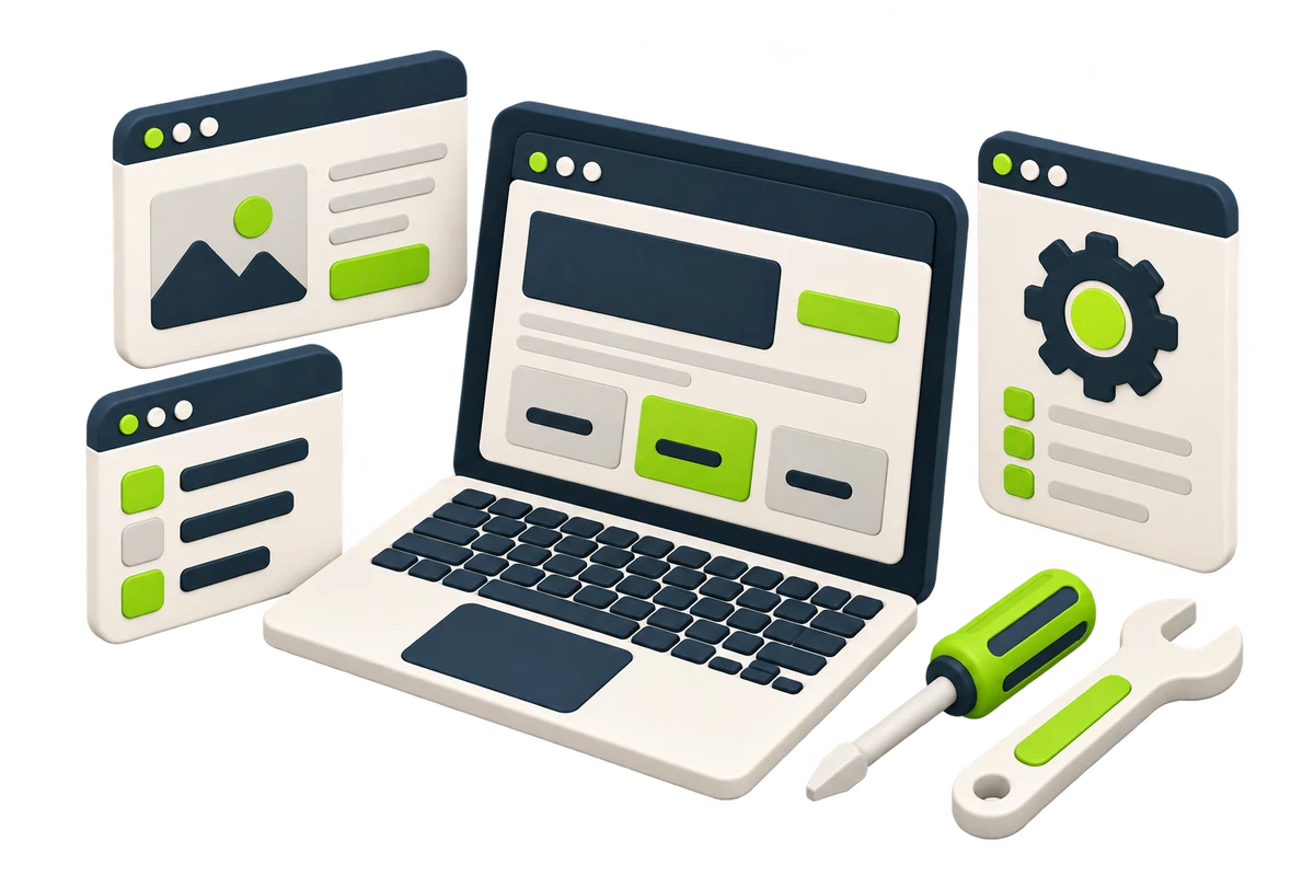 Illustration of a website, connected application services and server equipment.