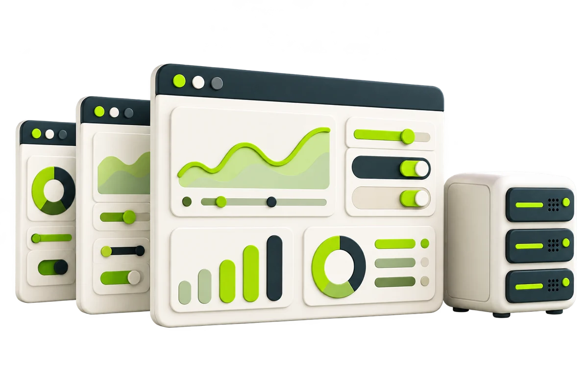 Illustration of server administration dashboards and a compact server.