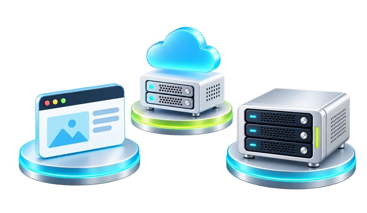 Three hosting choices represented by a website, a cloud server and a physical server.