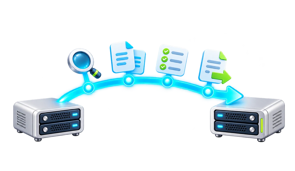 Two hosting servers connected through four stages of review, copying, validation and handover.