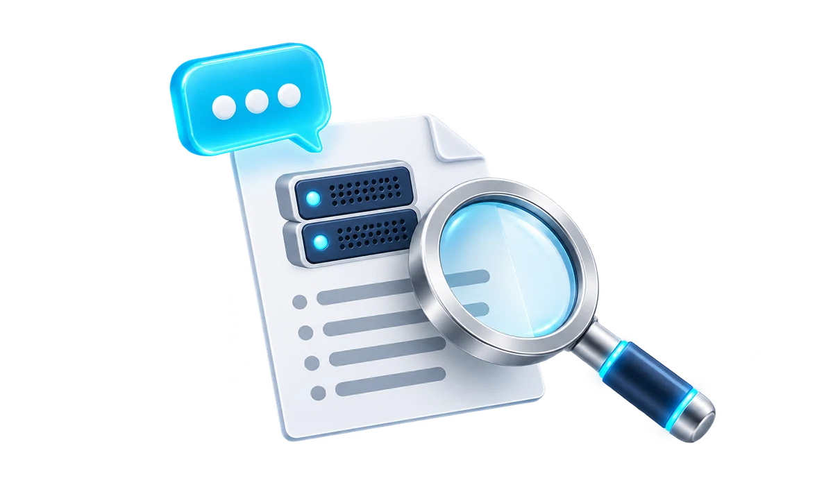 A help conversation, hosting information sheet and magnifying glass for reviewing migration questions.