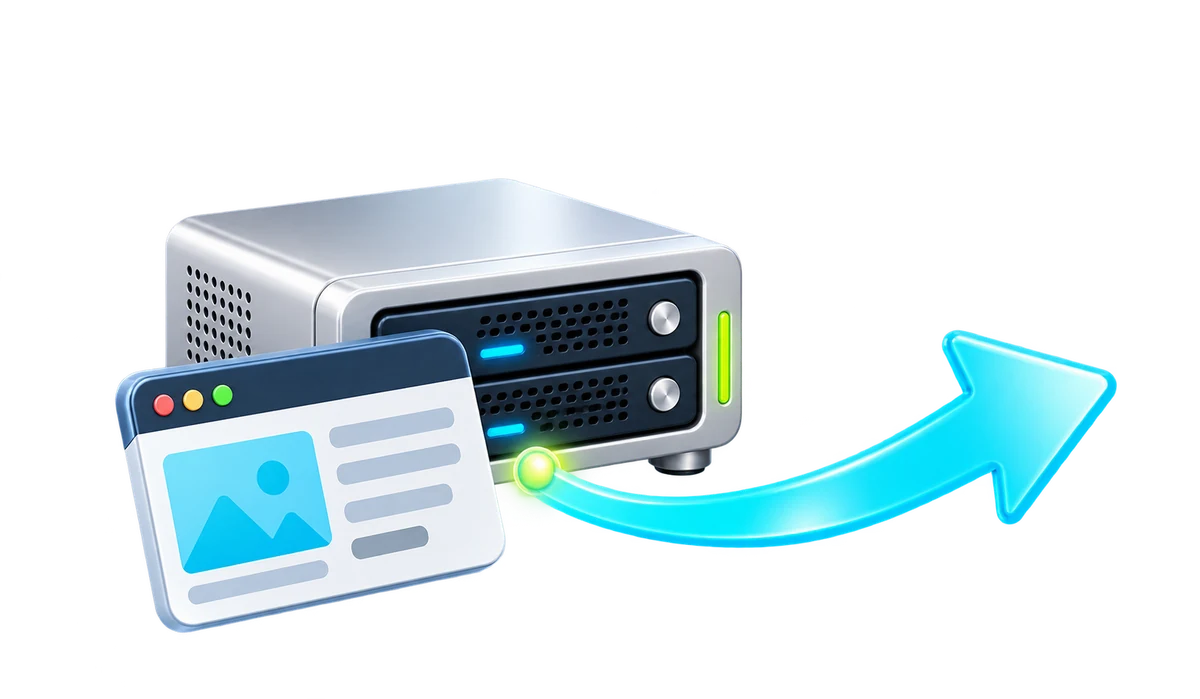 A website and hosting server beside a curved arrow suggesting the next planning step.