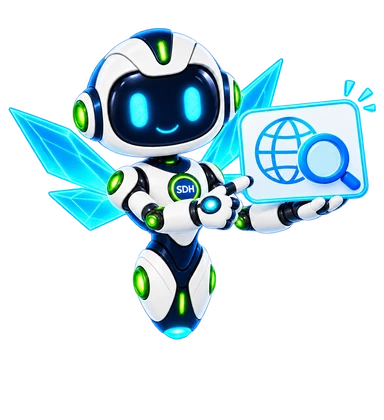 Prism Wings Dot examining a domain name through a magnifying glass.
