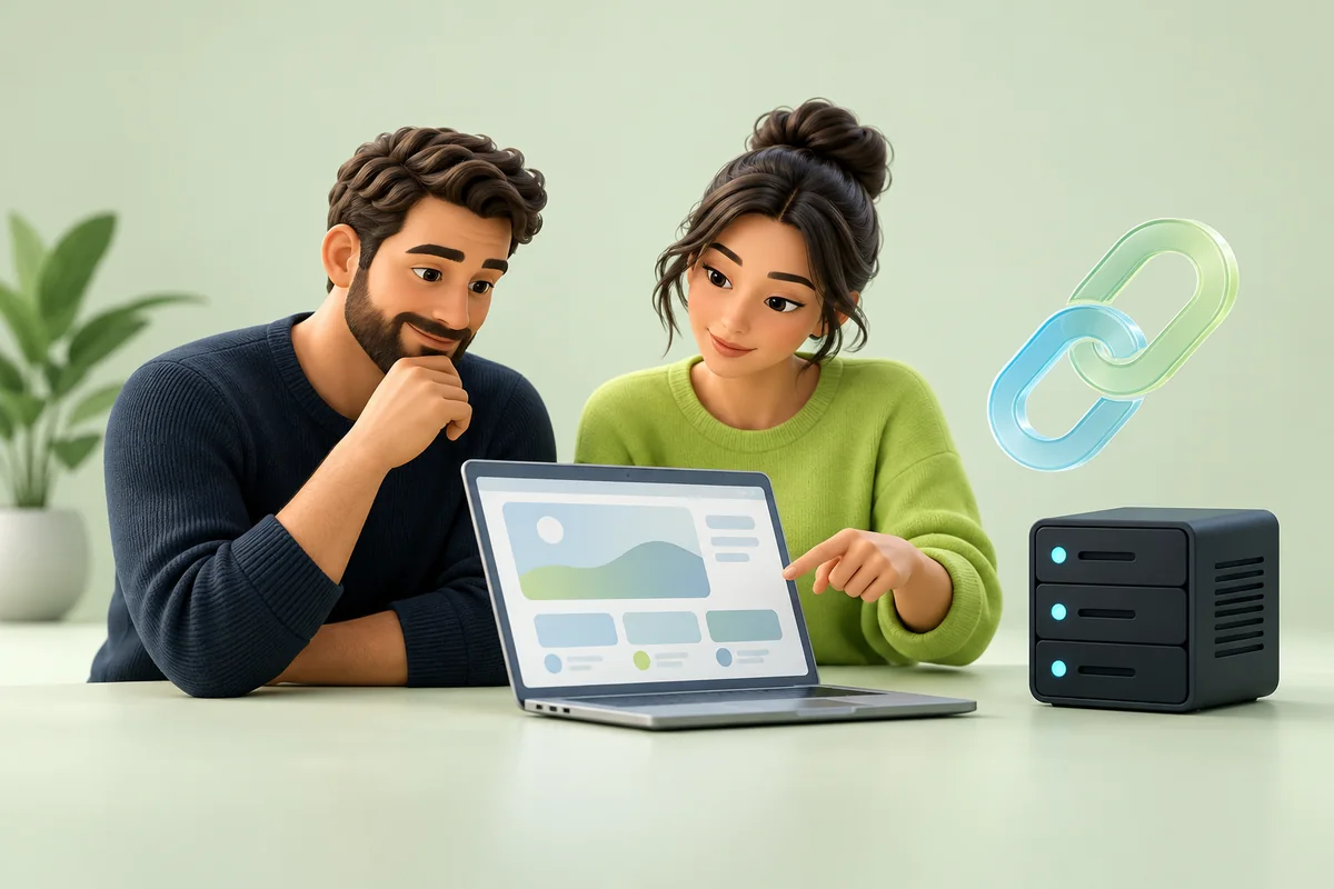 Illustration of two web professionals discussing a website and a referral link.
